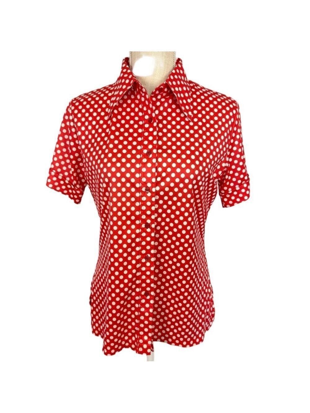 Vintage Retro Top Button Up Pointed Collar Orange-red Polka-dot Women's M-L